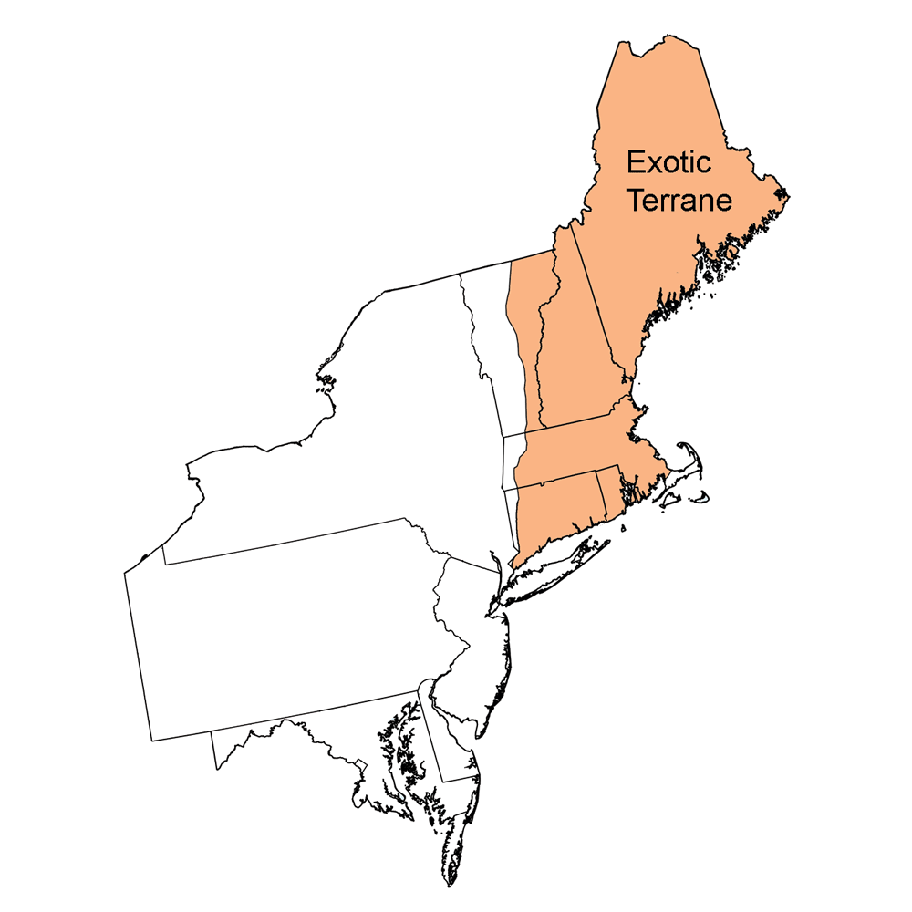 Simple map highlighting the Exotic Terrane region of the northeastern United States.