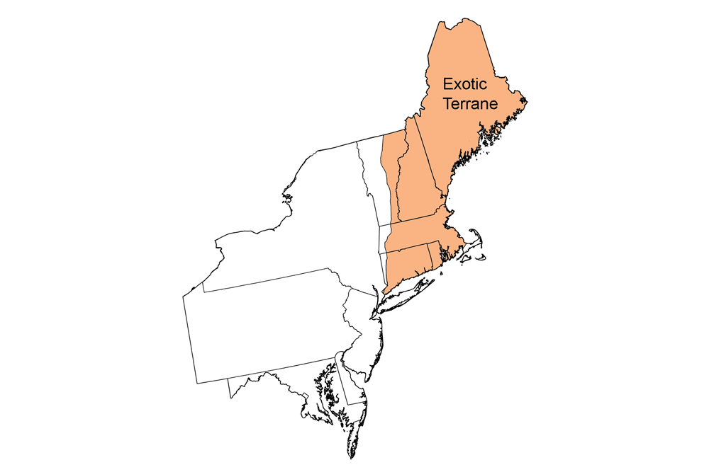 Simple map highlighting the Exotic Terrane region of the northeastern United States.