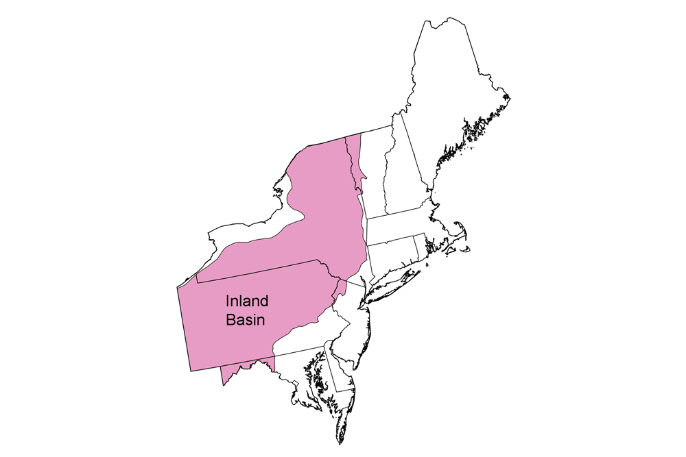 Simple map highlighting the Inland Basin region of the northeastern United States.