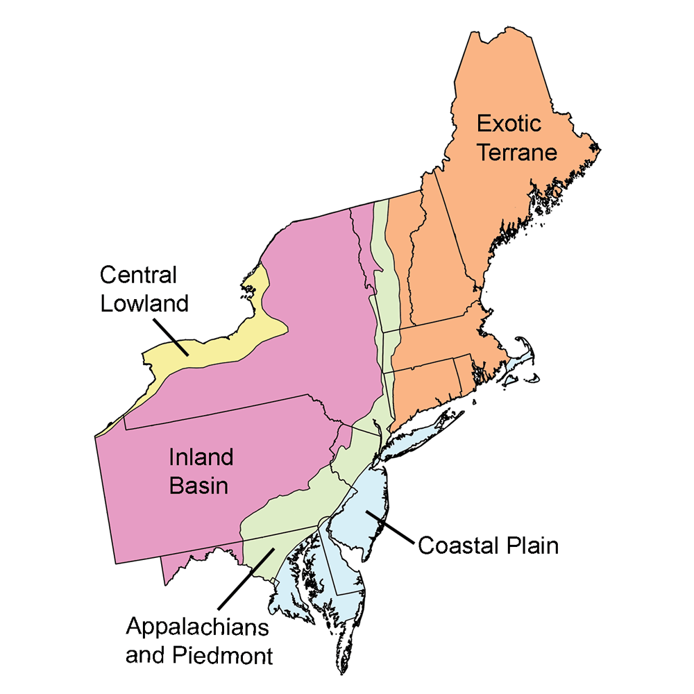 Simple map highlighting the different physiographic regions of the northeastern United States.