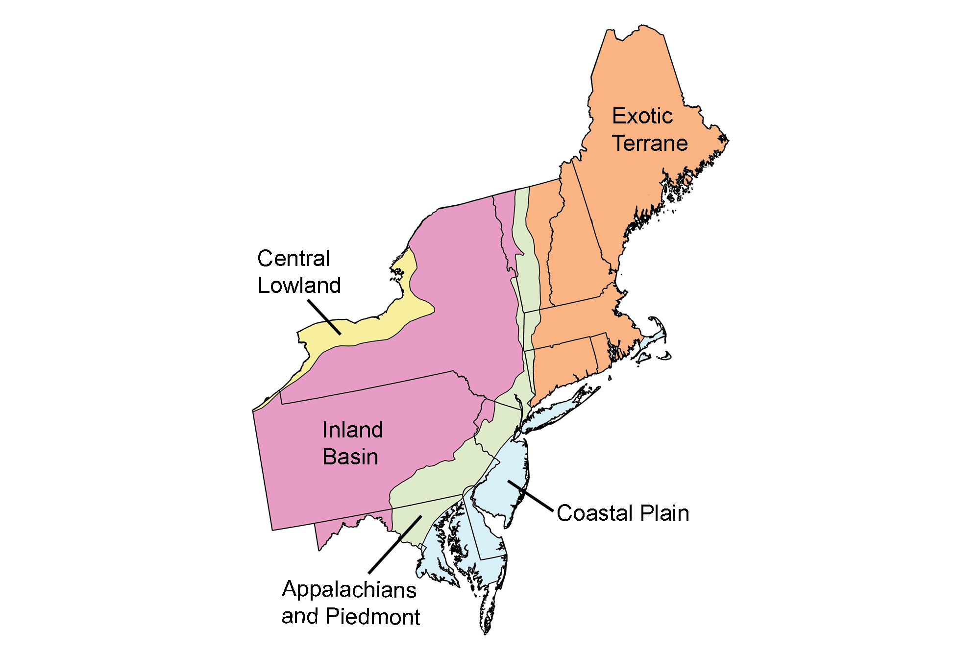 Simple map highlighting the different physiographic regions of the northeastern United States.