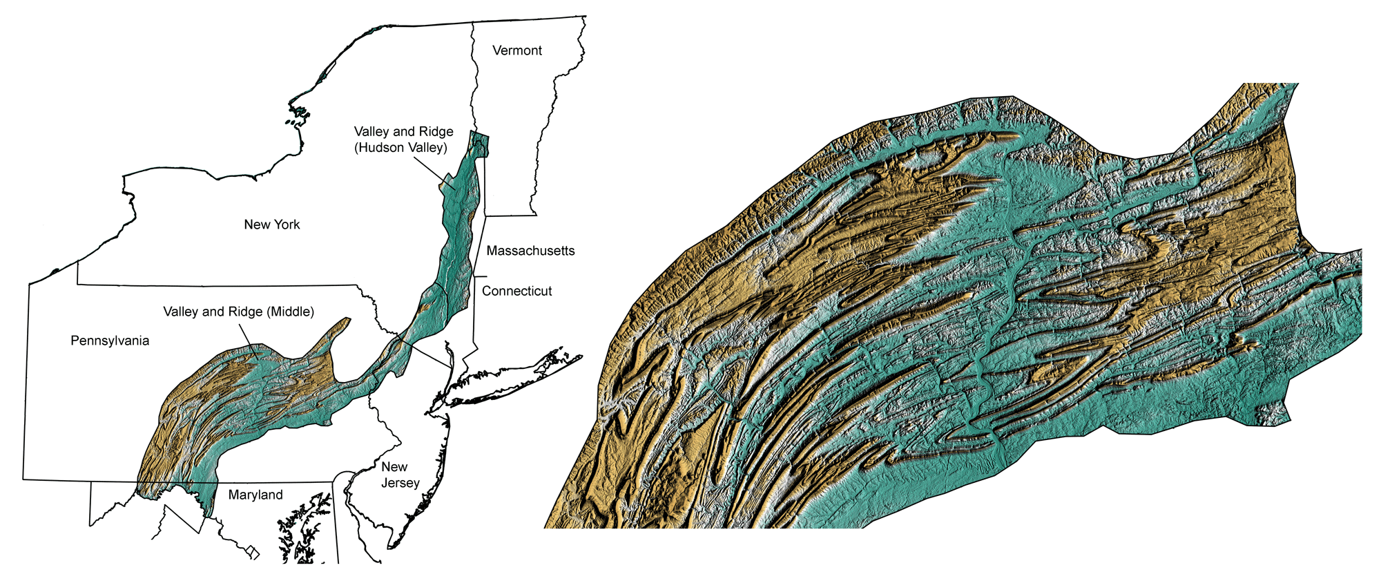 Topographic map of the Valley and Ridge region of the northeastern United States, including zoomed in view of the Valley and Ridge in Pennsylvania.