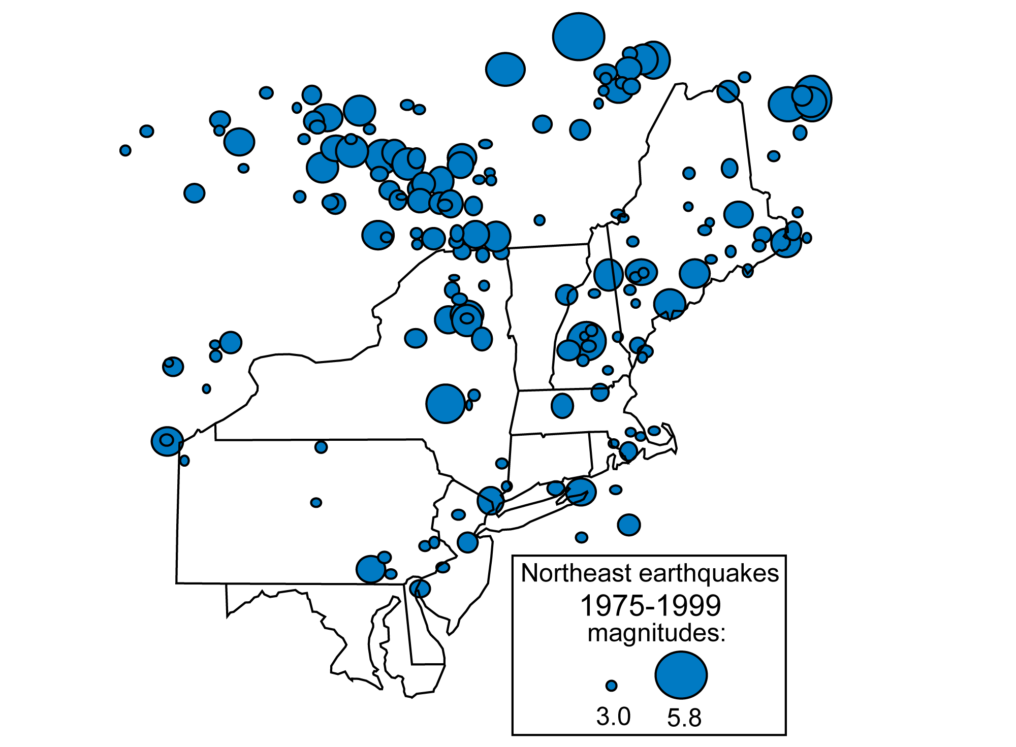 Map of the northeastern United States showing the locations and magnitudes of earthquakes of at least 3.0 on the Richter Scale from 1975 to 1999. The most powerful earthquake measured 5.8 on the Richter scale and occurred in Canada.