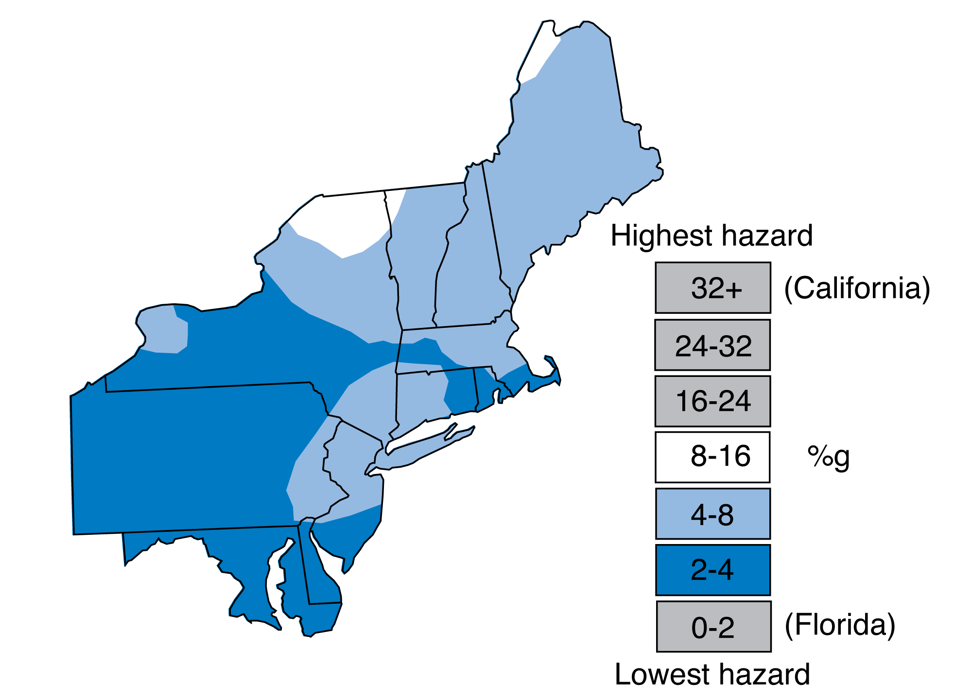Map of the northeastern United States shaded blue and white to show earthquake risk. White areas in northeastern New York state, northwestern Vermont, and northern Main have the highest risk, whereas Most of Maryland, Delaware, much of Pennsylvania and New York, and parts of New England have the lowest risk. The risk in the Northeast is far less than in California but higher than in Florida.