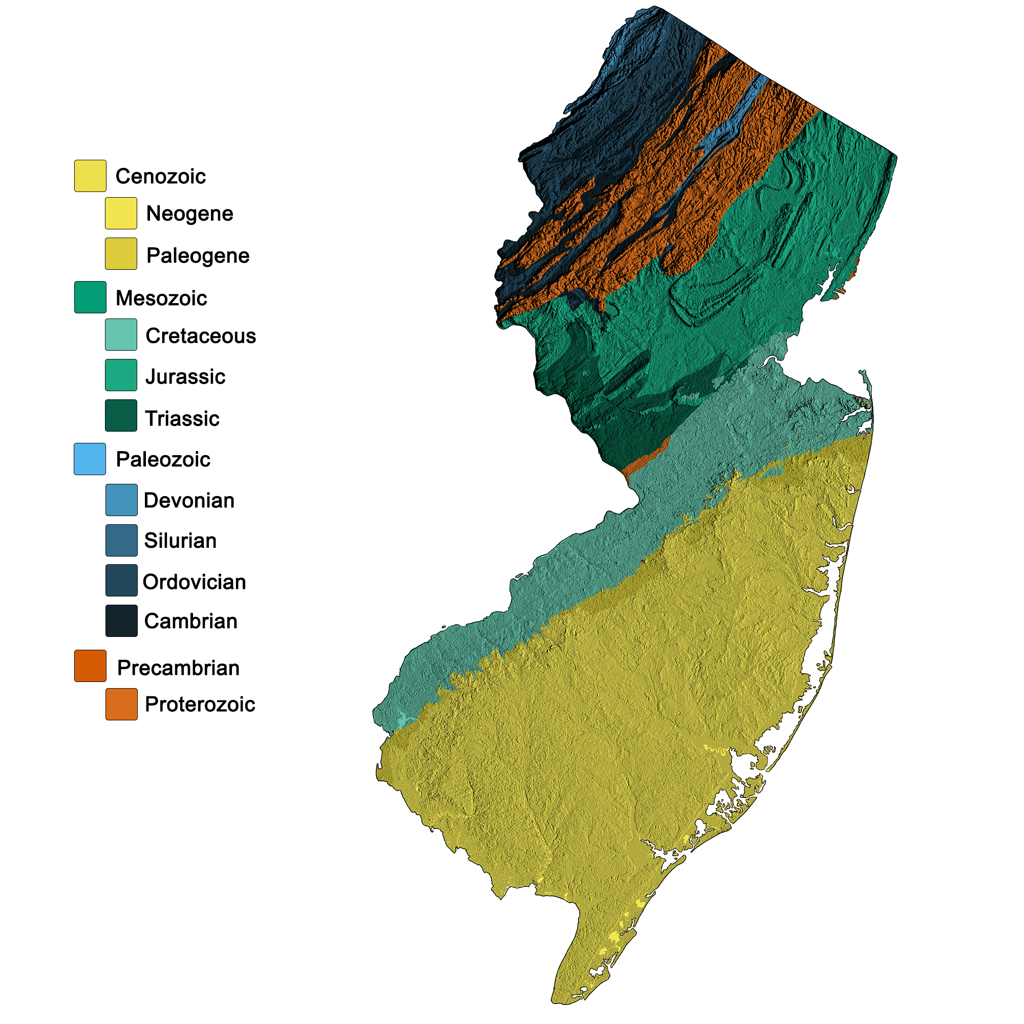 Combined geologic and topographic map of New Jersey.