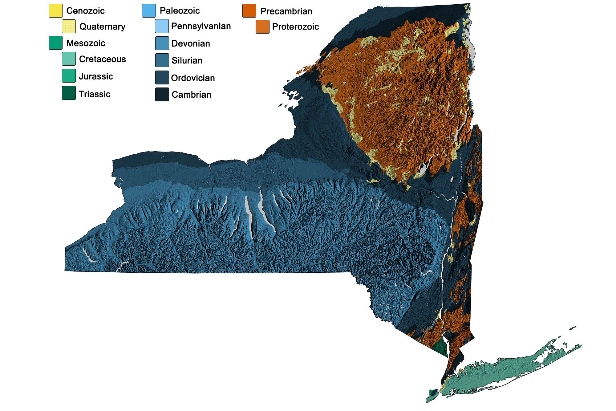 Combined geologic and topographic map of New York.