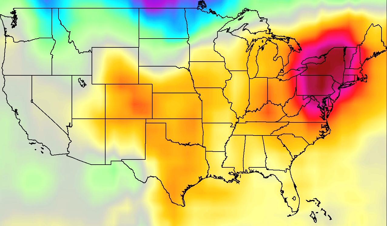 Map of the United States shaded to show temperature. New York and Pennsylvania are shaded dark red, indicating high temperatures.