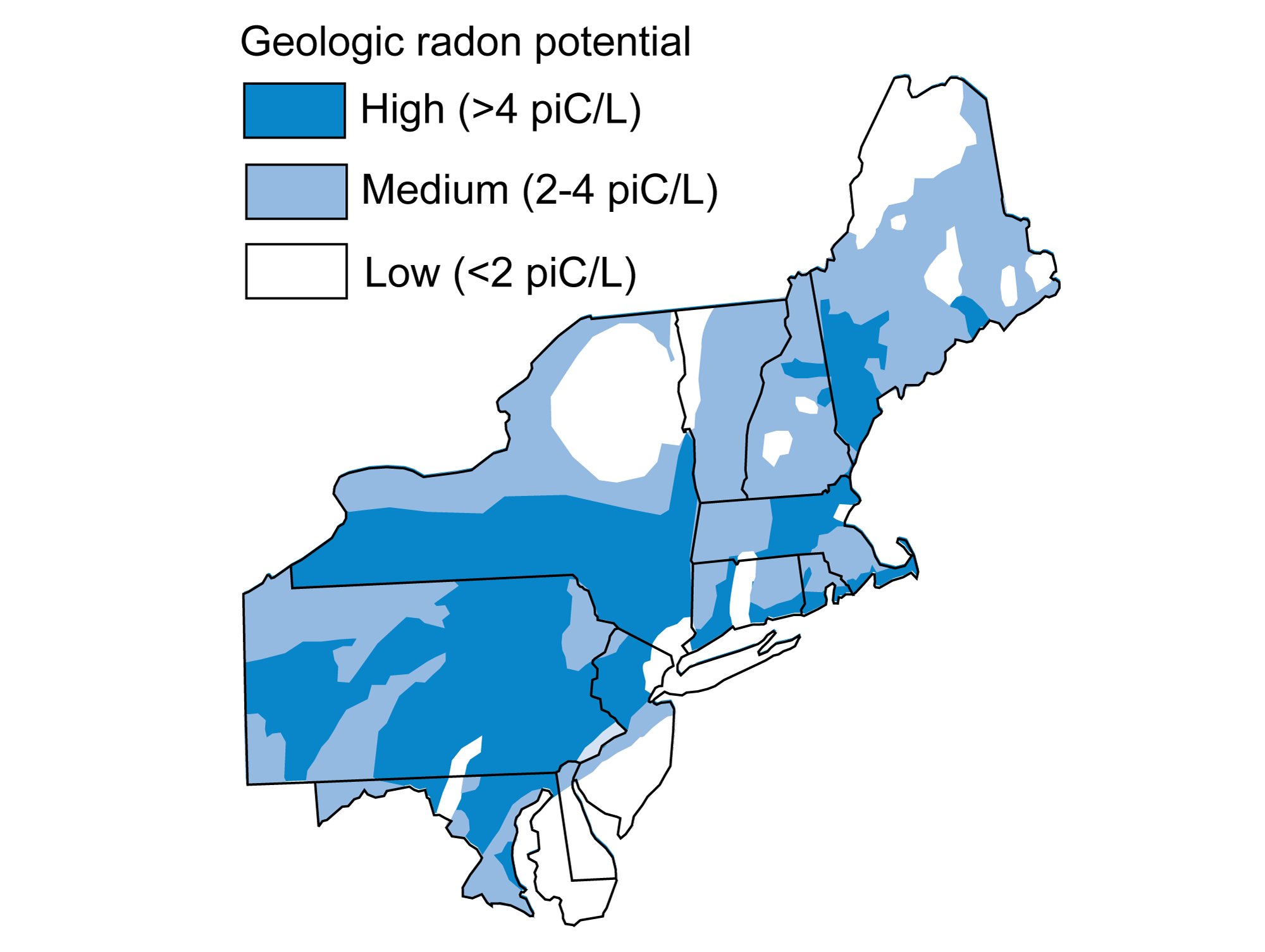Map of the northeastern United States showing radon potential, with white areas having low potential, light blue areas having medium potential, and dark blue areas having high potential. The coastal plain, northeastern New York, northwestern Vermont, northern Maine and a few other small areas have low potential. Other areas have medium to high potential.