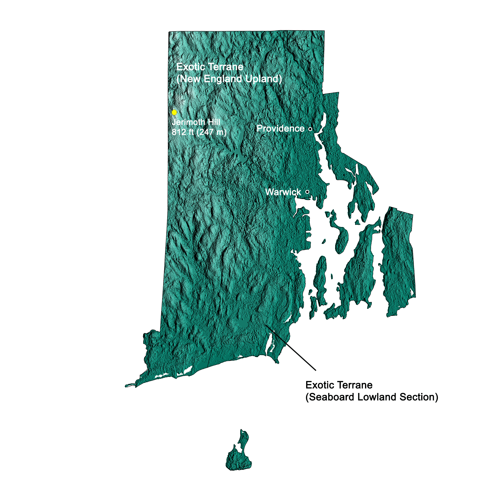 Topographic map of Rhode Island.