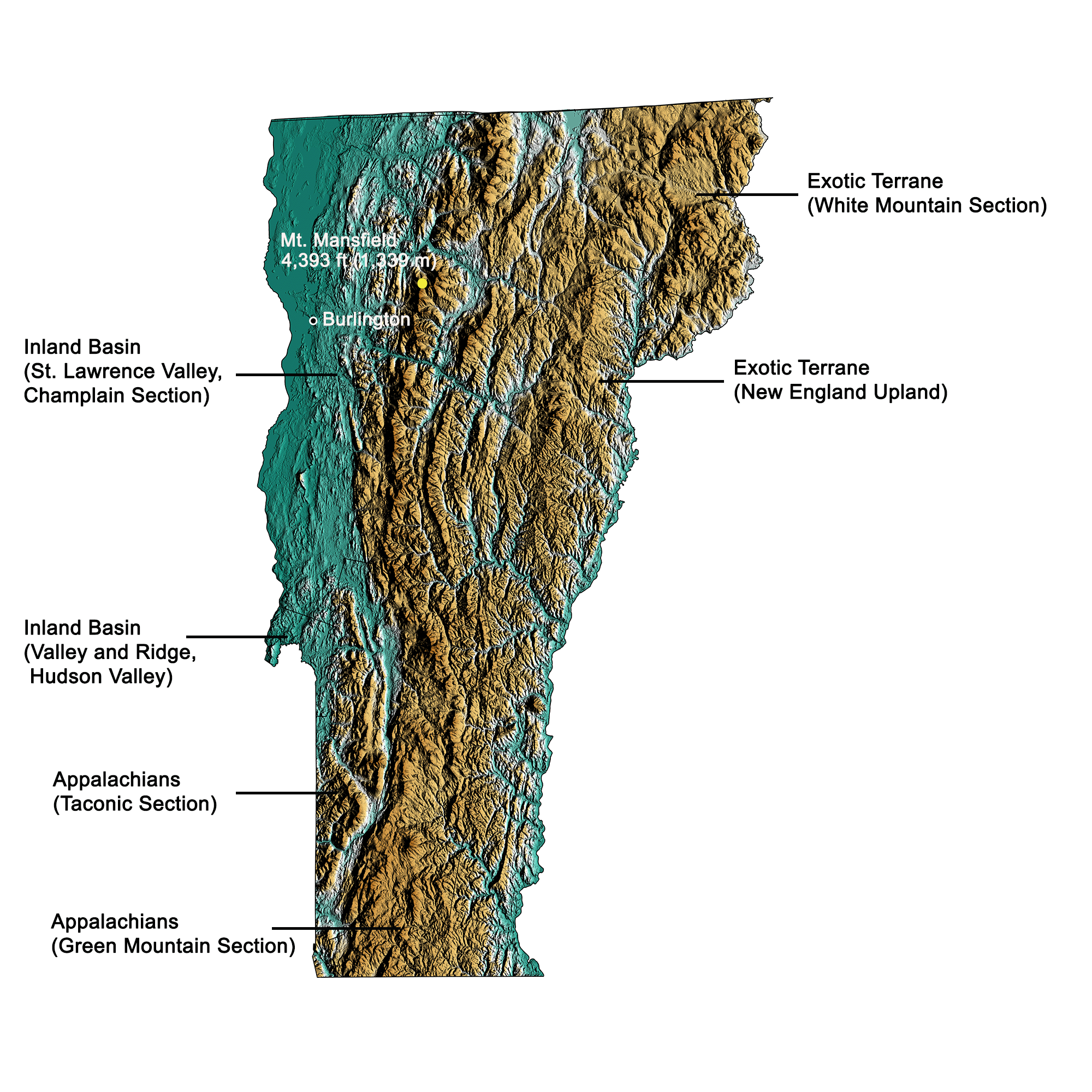 Topographic map of Vermont.