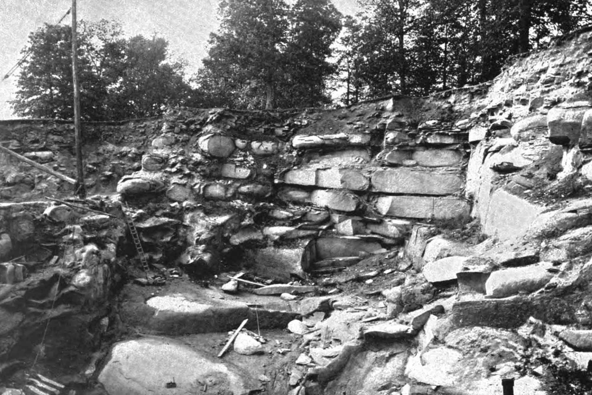 Historic photograph of a quarry operation that mined Woodstock Quartz Monzonite.