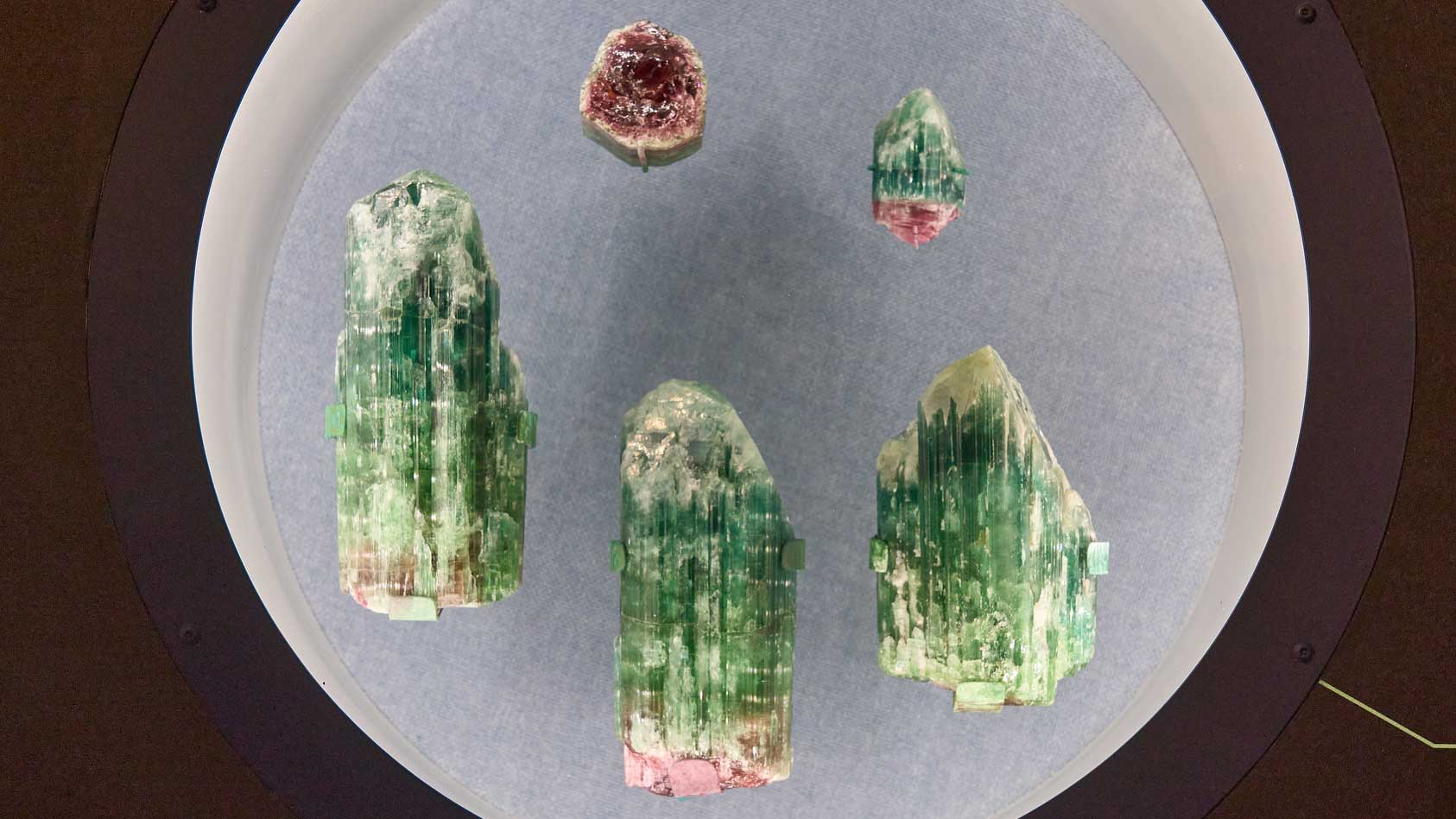 Photograph of multicolored samples of tourmaline from Maine.
