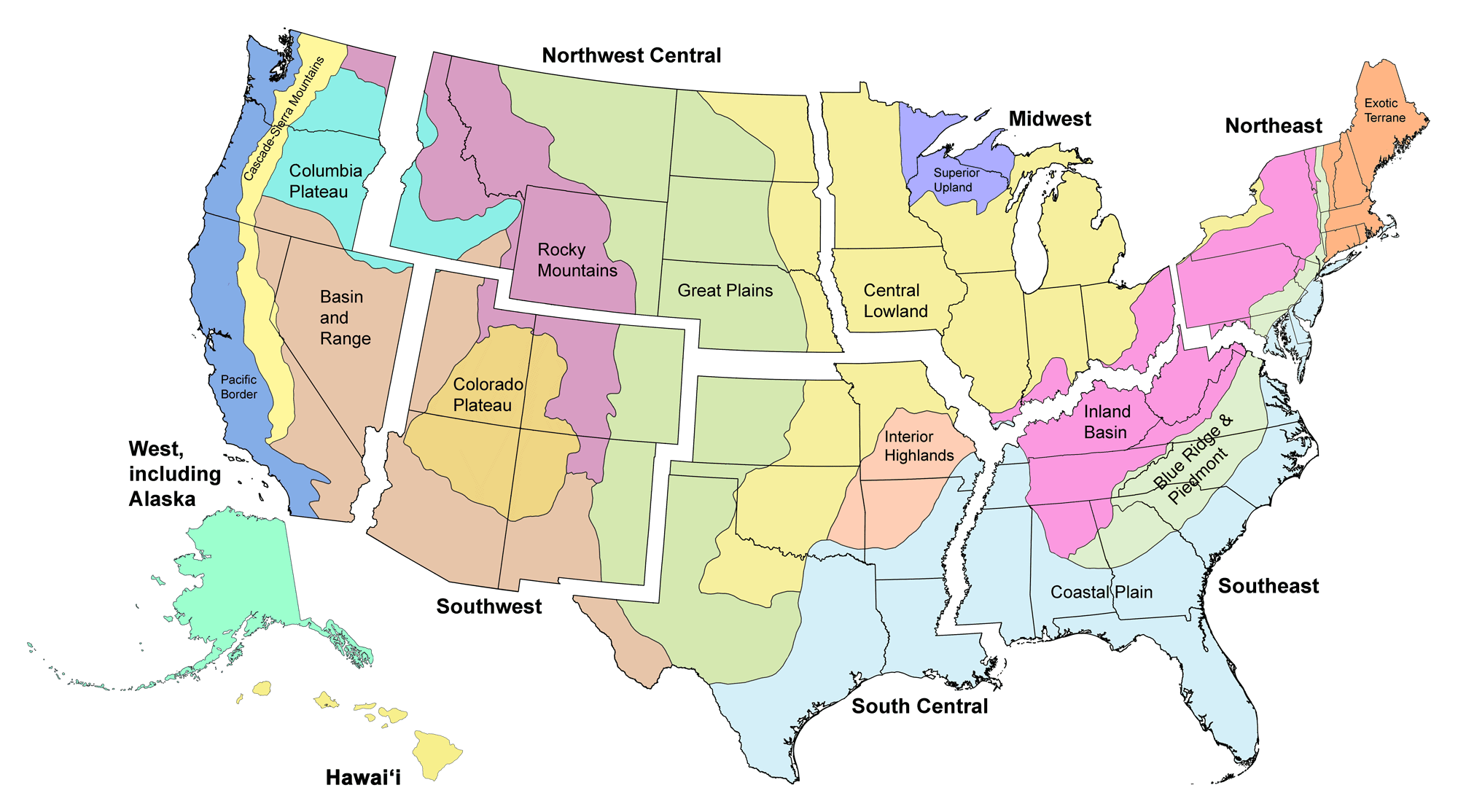 Map showing the major physiographic regions of the United States.