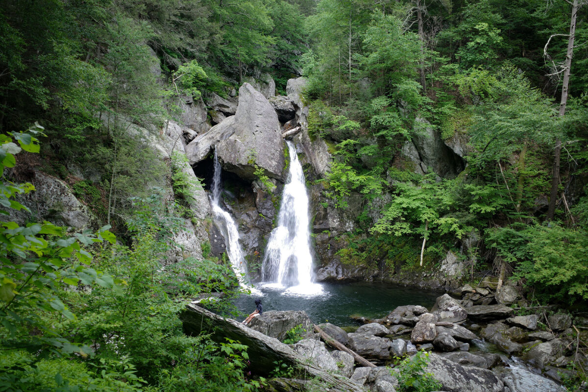 Photograph of Bash Bish Falls, a waterfall in the woods of northwestern Massachusetts.
