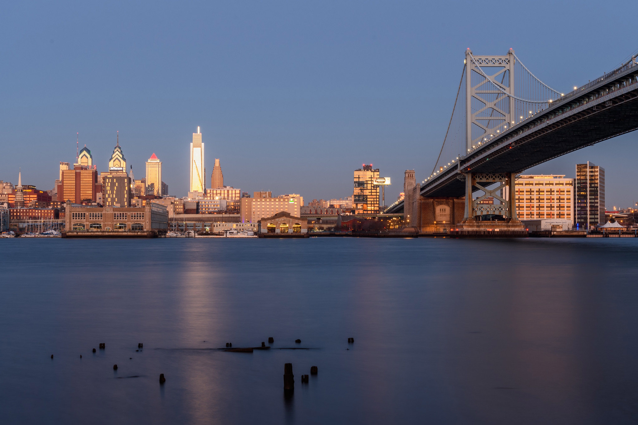 Photo of the Philadelphia skyline from the Delaware River.