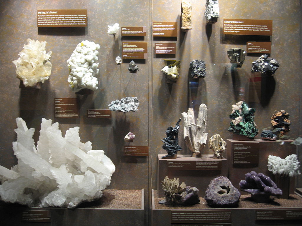 Photograph of mineral specimens on display at the Bruce Museum.