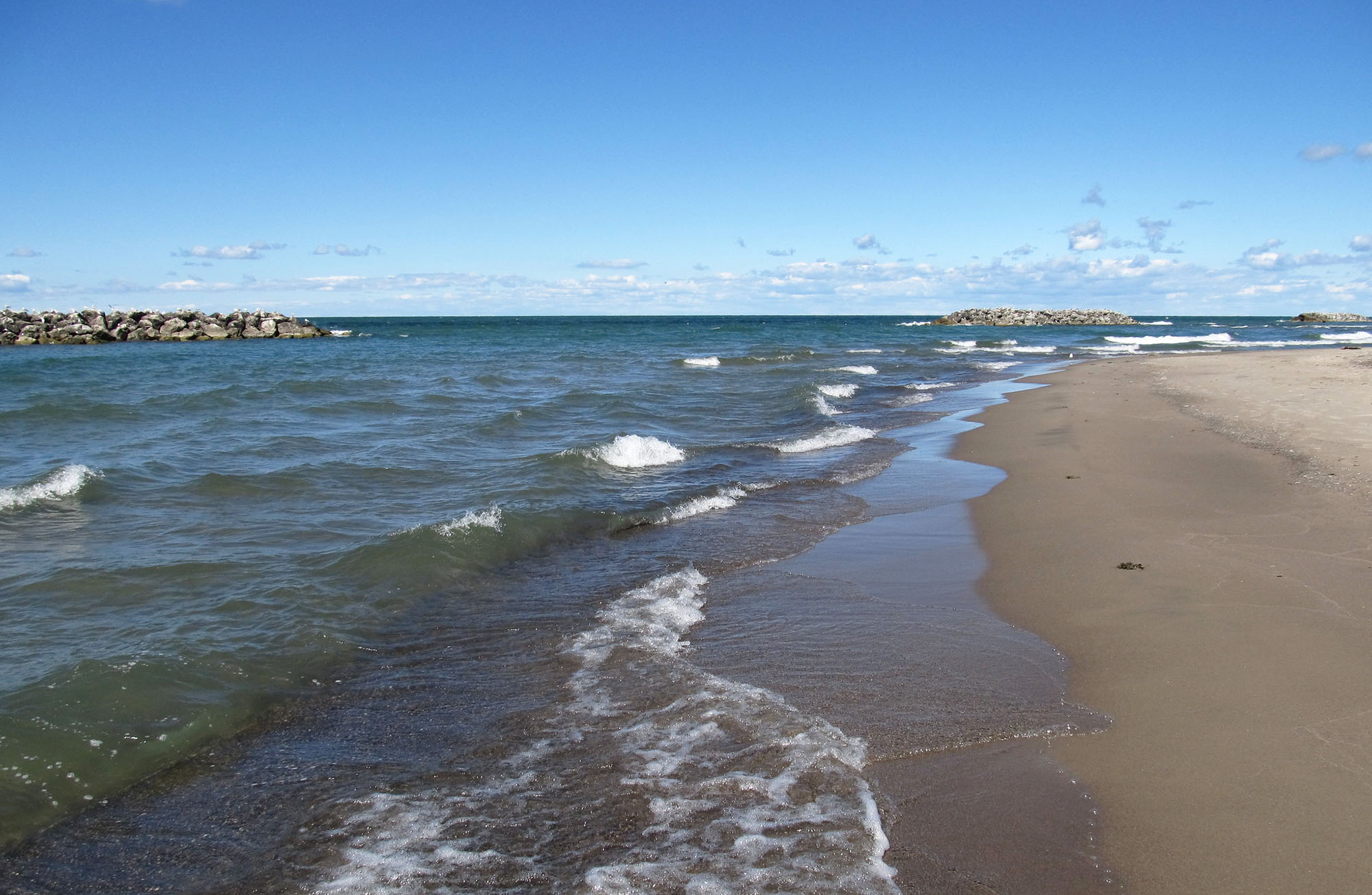 Photo of the sand beach at Presque Isle State Park in Pennsylvania.