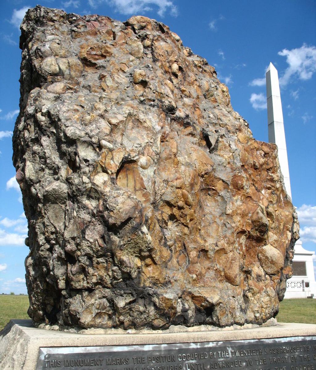 Photo of Roxbury puddingstone from Massachusetts, in a monument in Gettysburg PA.