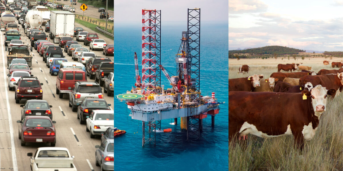 Three photos that show human activities which lead to greenhouse gas emissions: cars driving on a highway, an oil rig in the ocean, and beef cattle in a field.