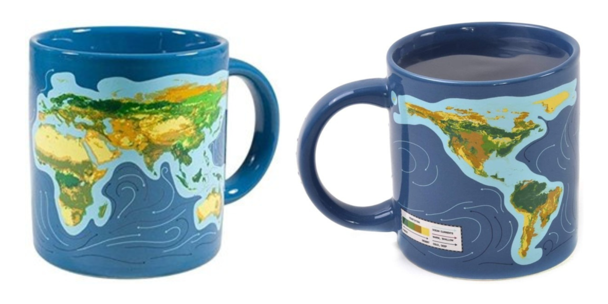 Two views of a mug that show the earth's continents and sea level around them.