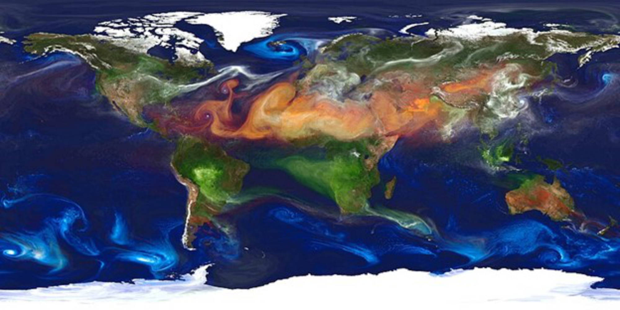 Colorful map of the world, showing a large region of swirling dust
