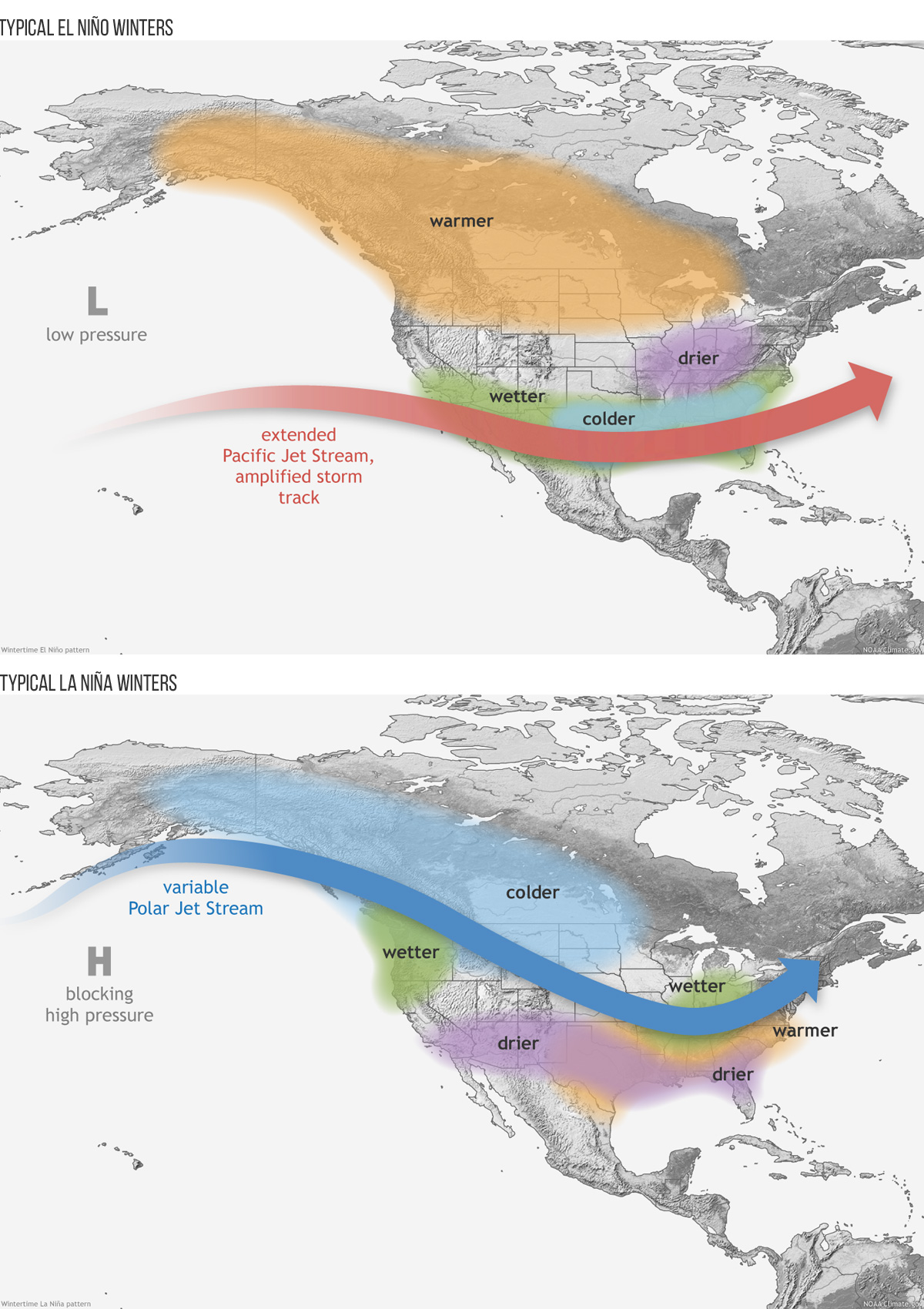 Two world maps showing winter temperature and rain conditions across North America.